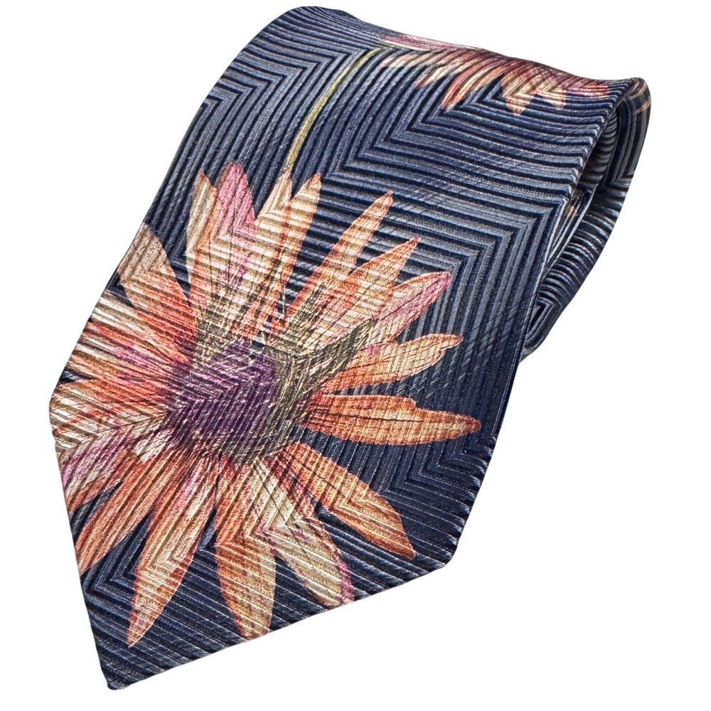KOLTE ITALY Mens Floral Tie Blue‎ Orange textured Geometric Modern Necktie